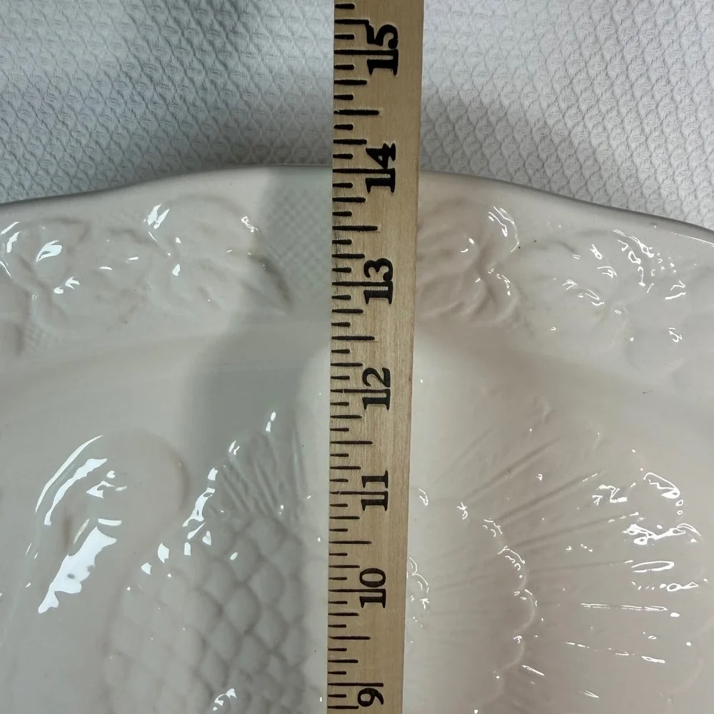 Vintage White Embossed Turkey Harvest Ceramic Oval Serving Platter Made in Japan